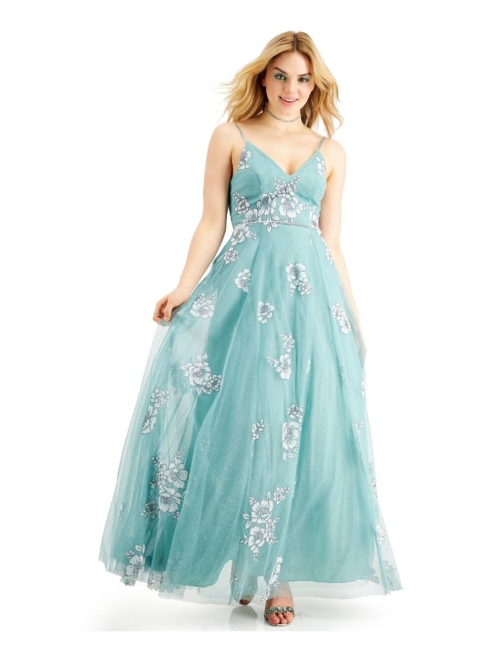 TEEZE ME Womens Floral Spaghetti Strap V Neck Maxi Prom Dress Green Size 5 NWT